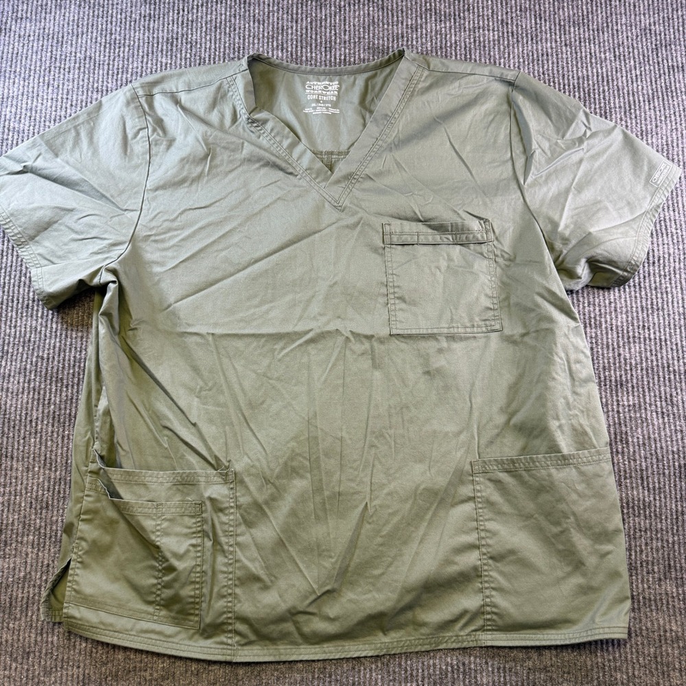 Cherokee Scrub Top 2XL Olive Green Cotton Blend Core Stretch V-Neck Workwear